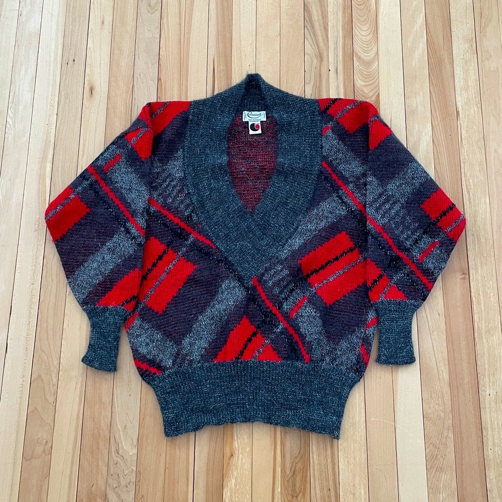 Vintage 70-80s Coranit Argyle Print Mohair Blend V-Neck Sweater - West Germany